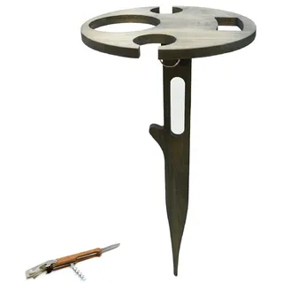 UNUS Garden Weintisch klappbar Outdoor, Weinhalter aus Bambus Holz, grau | Weinglashalter für Picknick, Camping oder Garten, inklusive Taschenmesser mit Korkenzieher und Flaschenöffner