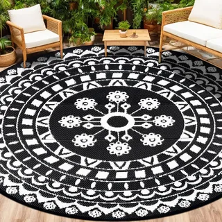Capslpad Boho-Outdoor-Teppich, rund, 240 cm, wasserdicht, für den Außenbereich, wendbar, Picknick-Matte, tragbar, UV-beständig, Kunststoff-Strohteppich, für drinnen und draußen, runder Teppich für
