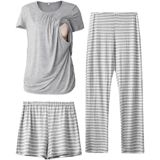 SUNNYBUY Damen Umstandsmode Stillpyjama-Set, 3-teiliges Schlafanzug Set | Kurzarm-Stillshirts, Schwangerschafts-Shorts & Hosen für jede Jahreszeit, Lounge Set Für Tag & Nacht - XXL