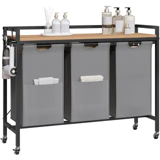 EUGAD Wäschekorb 3 Fächer, jedes 40 L, Wäschesammler ausziehbar abnehmbar, Oxford-Stoff-Wäschesack, Wäschewagen mit Rollen Ablage, Haken, Metallrahmen, Schlafzimmer Waschküche, 97x71x30 cm