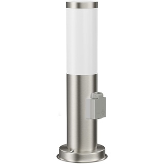 ledscom.de Pollerleuchte PORU mit Steckdose für außen, edelstahl, rund, 38,5cm, inkl. Smart Home RGBW E27 LED Lampe, 892lm