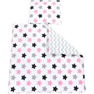 TupTam Unisex Baby Bettwäsche Bettdecke Kopfkissen mit Bezüge Wiegenset 4-teilig, Farbe: Zickzack Grau/Sterne Rosa, Größe: 80x80 cm