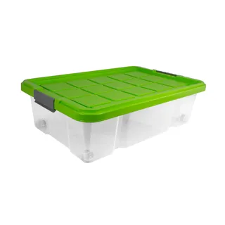 Unimet UNTERBETTBOX mit Deckel und Rädern 60X40X18 cm drehstapelbar 28 Liter transparent Limegrüner Deckel