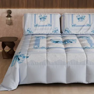 PETTI Artigiani Italiani - Winter-Steppdecke für französisches Bett, doppelseitige Steppdecke, einfarbig und Digitaldruck, hellblaue Schleife, hergestellt in Italien