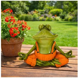 Online-Fuchs Gartenfigur für draußen - Yoga Frosch - Deko Figuren für Garten, Balkon & Terrasse, (gelbe oder orange Latzhose), aus langlebigem Kunstharz gefertigt, wetterfest - 19 oder 31,5 cm groß