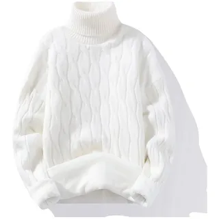 CWENROU Dicker Pullover Männer - Winter Plus Samt Dicker Herren Strick Gestreifter Pullover Mode Wärme Fleece Retro Weiß Rollkragenpullover Stretch Weich Selbstanbau Freizeit Outdoor Business Party