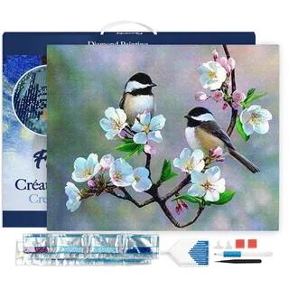 Figured'Art Diamond Painting Erwachsene 40x50cm Mit Rahmen Ganze Leinwand gespannt Kleine Vögel und weiße Blumen 5D Bilder Eckige Steine - DIY Set Basteln