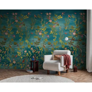 living walls Vliestapete Vibes & Styles Florentina – Botanical Birds Fototapete, leicht strukturiert, floral, (1 St), Naturdesign mit filigranen Ranken, Vögeln und lebendiger Tiefe blau