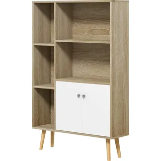 HOMCOM Skandinavisches Bücherregal Aufbewahrungsmöbel dim. 80L x 23,5B x 123H cm 5 Nischen Schrank 2 Türen geneigte, massive Pinienholzfüße Eiche   Aosom
