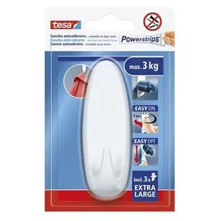 Tesa Powerstrips Klebehaken XL Oval - Selbstklebende Haken mit extra starkem Halt - Wiederverwendbare Wandhaken für Bad und Küche - Montage ohne Bohren - Weiß - 1 Haken, 3 Powerstrips