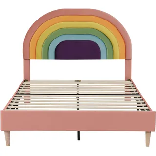 Merax Polsterbett für Erwachsene, mit verstellbarem Regenbogen-Kopfteil 140x200cm Samt, rosa