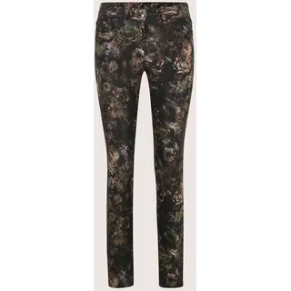 Chinos MADELEINE "Hose 5-Pocket-Hose mit Blumen-Print", Damen, Gr. 20, grün (schwarz, multicolor), Modern, slim fit, Hosen