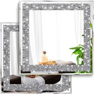 XIHACTY Wandspiegel, Wanddeko mit zerkleinerten Diamanten, silberfarbener Deko-Spiegel für Wohnzimmer, Schlafzimmer, Bad, 2er-Set (30,5 x 30,5 cm)