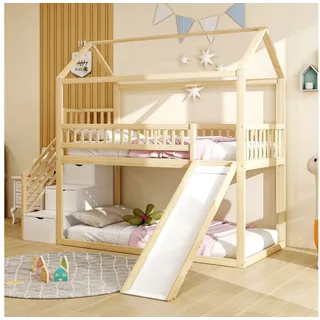 Flieks Hochbett Etagenbett 90x200cm mit oberem Lattenrost, Rutsche und Stauraumtreppe beige