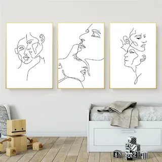 HMXQLW Abstrakter Strichzeichnung Minimalist Bilder Leinwandbilder Modern Schwarz Weiß Abstrakter Poster für Wohnzimmer Schlafzimmer Deko Kunst Malerei Kein Rahmen 3er Set (Liebespaar,30X40CM)
