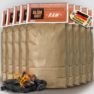 Glühgut-RAW Tischgrill-Holzkohle (650g x 9 – 5,85 KG) Premium Grillkohle aus heimischen Harthölzern – raucharm & feinstaubreduziert – FSC-Zertifiziert – ideal für Lotus Grill, Balkon & Camping