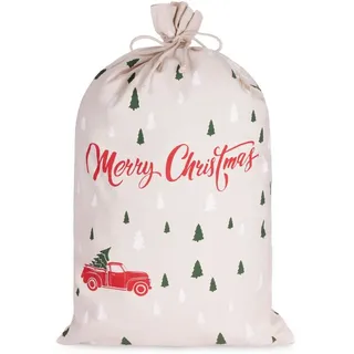 BRUBAKER Aufbewahrungstasche Weihnachtssack Merry Christmas - Tannenbaum Wald mit Auto Rot (Weihnachtsbaum, 1-tlg., 80 cm Geschenksack Weihnachten - Nikolaussack), Sack Baumwolle mit Kordel zum Verpacken von Geschenken beige|bunt