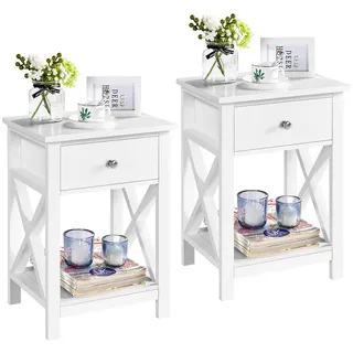 Yaheetech Nachttisch 40 x 30 x 55 cm (2er-Set), Beistelltisch mit 1 Schublade und Ablagefach, X-förmige Stützbeine weiß