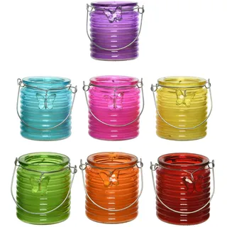 Decoris 1 Citronella Kerze 9cm im Glas Laterne Schmetterling Deko Outdoor Duftkerzen Garten Balkon Draußen gegen Mücken Insekten Mückenschutz Glaskerze Bunt