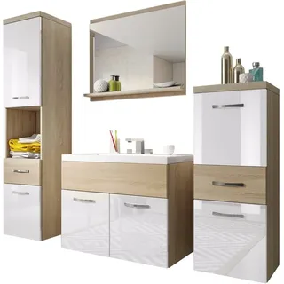 WELLTIME Badmöbel-Set »ELDA«, (Komplett-Set, 5 St.), Waschtisch inkl. Waschbecken, Hochschrank, Badschrank und Spiegel, braun