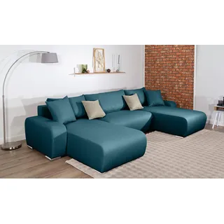 Wohnlandschaft COLLECTION AB "Paola U-Form, B: 314 cm", petrol, B:314cm H:41cm T:169cm, 100%Polyester, Sofas, Wohnlandschaft, Schlaffunktion, Bettkasten & 4 Zierkissen, Federkern