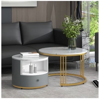 REDOM Couchtisch 2er Set Rund Tisch Wohnzimmer Rund mit Metallgestell, Beistelltisch Weiss Modern Satztische fürs Wohnzimmer grau|weiß