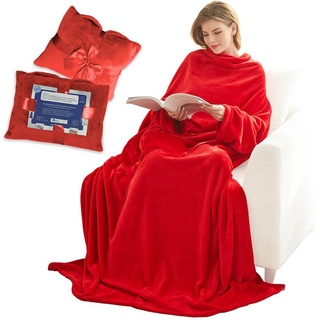 Wohndecke »Kuscheldecke mit Ärmeln und Taschen, Geschenk für Frauen und Männer«, Lucadeau, Kuscheldecke in einer schönen Stofftasche als Geschenkverpackung rot