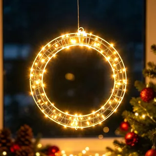 LED Lichterkranz mit Timer, 30 cm 100 LEDs Weihnachtsbeleuchtung Fenster | Leuchtkranz Fensterkranz Hängend Fensterdeko LED Kranz Weihnachten Beleuchtet Fenster, Weihnachtskranz Türkranz Weihnachten