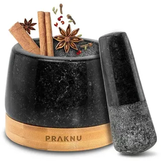 Praknu Mörser aus Granit klein mit Stößel und Untersetzer