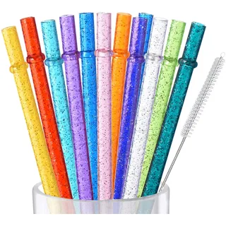 VITEVER 12er-Pack Glitzer-wiederverwendbarer durchsichtige Kunststoff-Strohhalme, 27,9 cm lange harte Tumbler-Trinkhalme mit Reinigungsbürste (12 Farben)