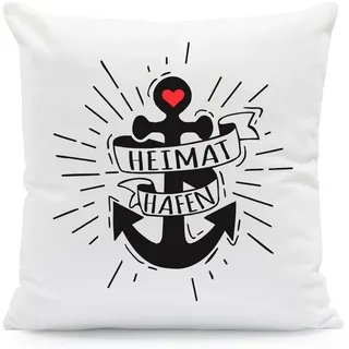 GRAVURZEILE Zierkissen mit Spruch - Heimat Hafen Design - Geschenk mit Anker & Herz -, starke Farben ohne verblassen, Maschinenwäsche geeignet - ohne Füllung