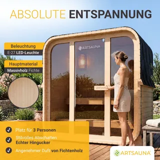 ARTSAUNA® Cube Fasssauna Fjora M Natur - Panorama-Sicherheitsglas Front, komfortable Bank mit Trittstufen, 3,6 kW Ofen, Outdoor Sauna Komplettset für 3 Personen