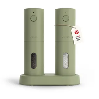 LARS NYSØM Salz und Pfeffermühlen Elektrisch Set I Keramikmahlwerk fein bis grob I USB Wiederaufladbar mit Ladestation I Automatische Salz und Pfefferstreuer I Gewürzmühlen Set (Sage Green)