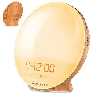 COULAX Multicolor Wake Up Light Wecker Holzoptik Tageslichtwecker mit 2 Weckzeiten 7 Naturgeräusche und FM Radio Snooze Wake Up Light Wecker für Erwachsene und Kinder