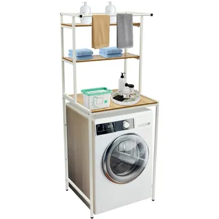 Suvnlsy 3-stöckiges Waschmaschinenregal, Regal über Waschmaschine & Trockner, Badezimmerregal platzsparend, höhenverstellbar, für Waschküche, Bad, WC, Balkon, Küche, Wohnzimmer (Weiß+Holz)
