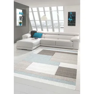 Traum Teppich Designerteppich Moderner Teppich Wohnzimmerteppich Kurzflor Teppich mit Konturenschnitt Karo Muster Pastellfarben Grau Beige Blau, Größe 240x340 cm