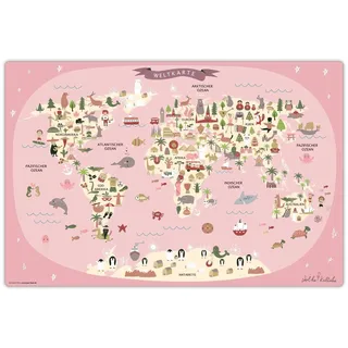 Schreibtischunterlage abwischbar für Kinder – Weltkarte in rosa mit Tieren in deutsch – 60 x 40 cm – aus hochwertigem Vinyl