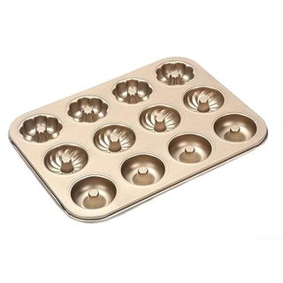 Viitech Donut-Form mit 12 Mulden, Donuts Backform mit 3 Verschiedenen Mustern, Donutform Kuchenform aus Kohlenstoffstahl Backblech Muffinform für Donut-Muffin-Cupcakes (Gold)