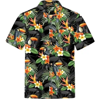 Hawaiihemdshop.de Hawaiihemd Hawaii Hemd Herren Baumwolle Kurzarm Hawaiihemd mit Papageien schwarz 6XL