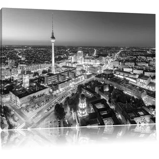 Pixxprint Berlin City Panorama Kunst B&W, Größe: 120x80cm, Leinwandbild, fertig gespannt, Wandbild, Dekoration, Kunstdruck, kein Poster