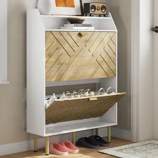 GarveeMore Schuhschrank mit 2 Klappfächern, Verstellbarer Schmaler Schuhregal, 2 Etage & Platzsparendes Shoe Cabinet Schmal für Flur, Schuhe Schrank Schuhkipper Breit 80 x 23x117 Hoch cm, Weiß Holz
