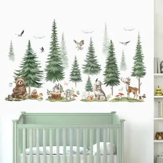 FUFUQUARE Wandtattoo Waldtiere Groß Kiefer Wiese Wandaufkleber Bär Hase Reh Wolf Adler Wandsticker Wanddeko für Schlafzimmer Wohnzimmer Kinderzimmer Babyzimmer