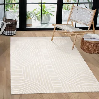 Paco Home Teppich Wohnzimmer Schlafzimmer Modern Kurzflor Skandinavisches Boho Muster Regenbogen japandi Geometrisch 3D Effekt Creme, Grösse:80x150 cm, Farbe:Creme