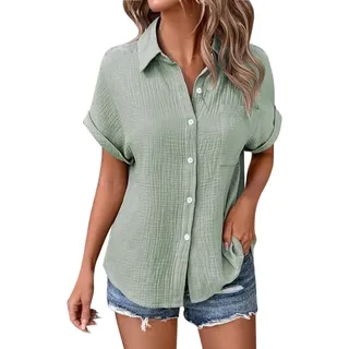 Bluse Damen Sommer Elegant Musselin Hemdbluse Blusen Kurzarm V-Ausschnitt Oberteile Tunika Tops