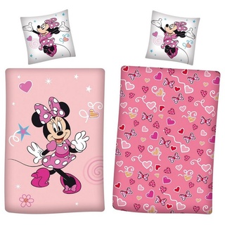 Kinderbettwäsche rosa Minnie Mouse Motiv mit Herzen und Schleifen 135x200 + 80x80 cm, Familando, Flanell, 2 teilig, mit Motiv und Wendeseite rosa