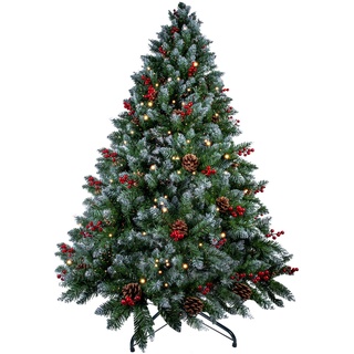 AGM Weihnachtsbaum, 1.8 m, künstlicher Kiefernbaum mit faltbarem Metallständer, Tannenzapfen und roten Obst, 6 Fuß hohe Kupferdrahtlampe, beflockte Schneebäume für Feiertage, Weihnachtsdekoration