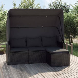 vidaXL 3-Sitzer-Gartensofa mit Dach und Fußhocker Schwarz Poly Rattan