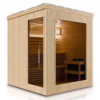 ARTSAUNA® Outdoor Sauna Visby180 aus WPC in Natur, 9 kW Saunaofen, LED-Beleuchtung, Bluetooth, Hemlock, Soundsystem, Zweistufige Bank, Saunakabine für 4-6 Personen
