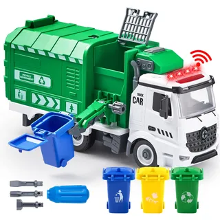 JOYIN Jumbo Müllauto Spielzeug Müllwagen Kinder ab 3 4 5 6 7 Jahre,Müllabfuhr Auto Kinder mit Licht und Sounds, 3 Mülleimer, Schraubendreher Spielzeug, für DIY Montage