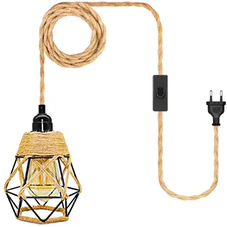 WPQIUZS Hanfseil Hängelampe Kit mit Stecker, E27 Lampenfassung mit 510CM Hanfseil Kabel und Metall Käfig Lampenschirm, Fassung Lampenkabel mit Schalter, Pendelleuchte mit Stecker, Keine Glühbirne